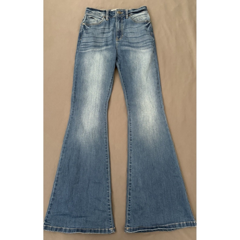 Kancan Jeans Women 27 High Rise Flare Stretch Dark Wash Faded Whisker Denim Boho